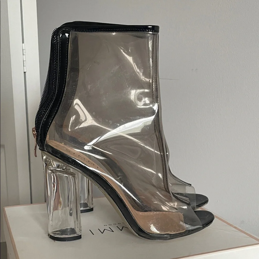 Transparent Peep-Toe Ankle Booties in Smoke